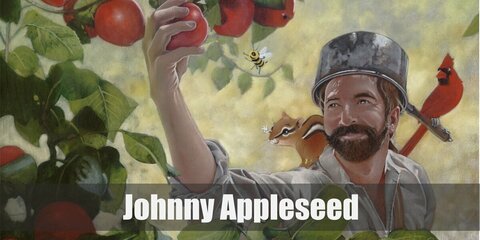 Johnny Appleseed’s costume is a brown vest on your red lumberjack shirt and black pants. He also got a brown satchel and a pan over his head.