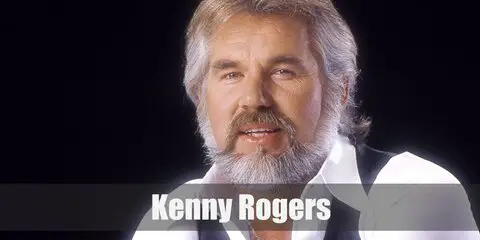 Kenny Roger's iconic outfit features a purple inner shirt and white suit. He also has white hair and beard. 