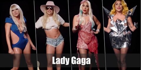  Lady Gaga (Poker Face)’s costume is a black leather one-shoulder tank top, black leggings, black open-toe high-heel party shoes, glossy black fingerless gloves, a black satin head scarf, and a straight blond wig with bangs.
