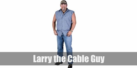 Larry the Cable Guy’s costume is a sleeveless red plaid top, regular-fit denim pants, a trucker hat, and classic shoes. 