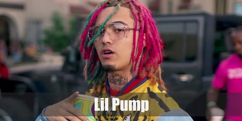 Lil Pump costume is a tiger-printed jacket, distressed denim jeans, and dreadlocks with pink highlights. He also has a  tattoo and tinted aviator glasses.
