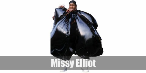 Missy Elliot Trash Bag costume is wearing an inflatable suit or a sauna suit with a trash bag overlay. Then add accents through white sneakers, a helmet, and red sunnies.