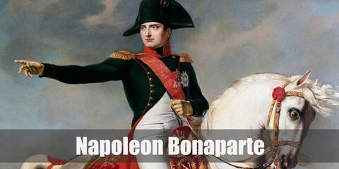Napoleon Bonaparte's costume has a heavy military inspiration as seen on his top, sash, pants, and boots. He wears a hat and also has a sash.
