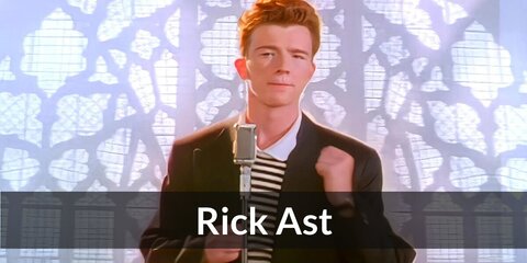 Rick Astley's costume features a black and white-striped shirt, black jacket, and white pants.