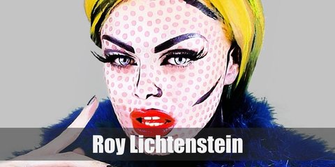 Roy Lichtenstein's costume is based on his painting, whihc have white make up on the face and skin and use pink make-up to add dots all over.