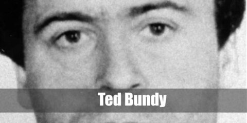Ted Bundy’s costume features a brown polo shirt, leather jacket, flared pants, and shoes.