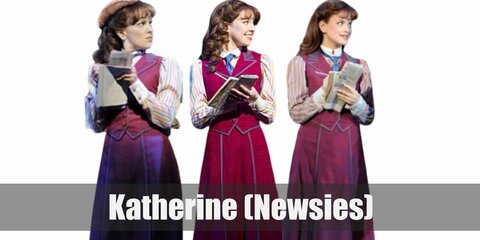 Katherine's costume has a printed blouse and a pink maxi skirt. Her hair is also worn in vintage curls. 