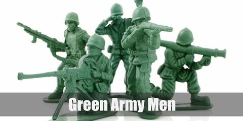 Green Army Men wear their all green army look with a long-sleeved top and matching pants. Make sure to wear green shoes, gloves, ang helmet, too. Get face paint for the face and neck to complete the look.