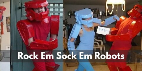  Rock Em Sock Em Robots’s costume is  a long-sleeved red workout shirt, red sweatpants, red slip-on sneakers, and a red cardboard robot head, arms and legs for Red Rocker; and a long-sleeved blue athletic shirt, blue jogger pants, blue sports sneakers, and a blue cardboard robot head, arms and legs for Blue Bomber.