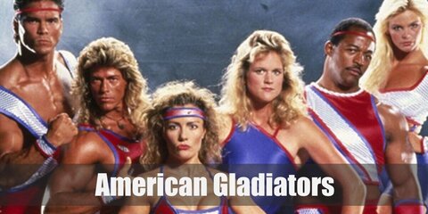 The American Gladiator's costume features men and women in competition hence the outfits worn are in shades of red, white, and blue. Outfits include singlets, swim wear, and athletic wear. 