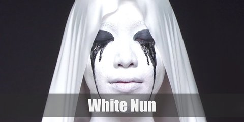 The nun's costume includes an all-white habit, a white veil, white gloves, stockings, and pumps. She also wears a white face paint with black tear streaks.
