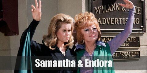 Samantha’s costume is a long black dress with long sleeves, a black cape, green fabric, and a blonde wig. Endora’s costume is a long purple dress with long sleeves, a long green shawl or green fabric, and a red wig. 