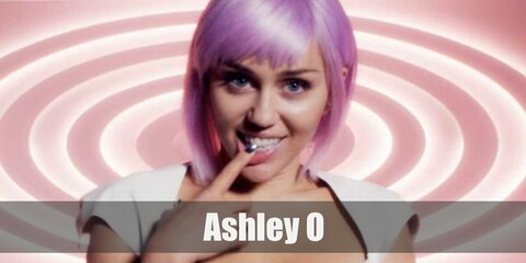 Ashley O's costume is composed of a cropped top with a sweetheart neckline paired with sparkly shorts. Finish the outfit with thigh-high boots and a short purple wig.