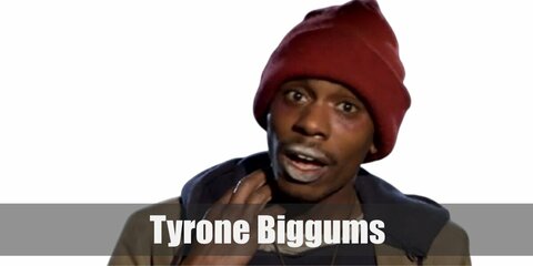 Tyrone Biggums's costume can be recreated by wearing a navy hoodie under an olive-colored outerwear. Pair the jacket with olive pants, too. Then complete the costume with a dash of white lipstick and a red beanie. 