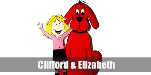  Clifford the Big Red Dog and Emily Elizabeth’s costume is a one-piece red pajama, red winter gloves, a red tail, a special Clifford hat, a dog collar and tag for Clifford, and a pink long-sleeved shirt, a black pleated skirt, extra-long pink and black striped socks, and black Mary Jane shoes for Emily Elizabeth.