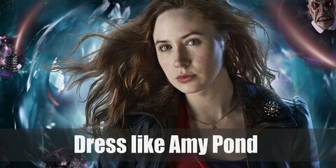 Amy Pond costume is a brown leather jacket, a maroon top, black shorts with sheer tights, and a pair of stylish cowboy boots. 