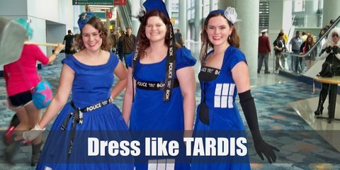 The TARDIS looks like a blue police box. It creates a whirring sound when it lands somewhere. Just wear TARDIS Blue and draw the details of a police box. You’re good to go! 