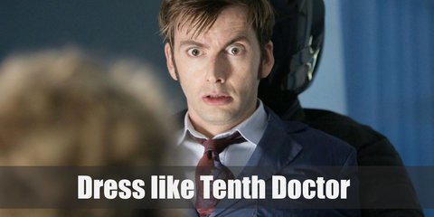 The Tenth Doctor Who costume is wearing a brown suit, a khaki trench coat, and high-top sneakers. 