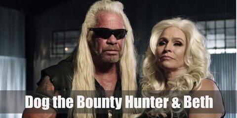 Doug's costume features a dark vest or jacket, dirty blonde wig, and a pair of sunglasses. Beth wears an all-black look with a holster and a pair of boots.
