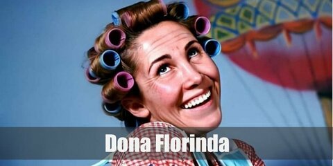 Dona Florinda costume features a head full of hair rollers, a red gingham dress, and a blue apron!
