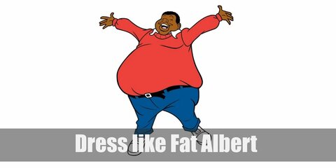 Fat Albert costume is a white collared undershirt, a red sweater, denim pants held in place with a black belt, and red sneakers.  