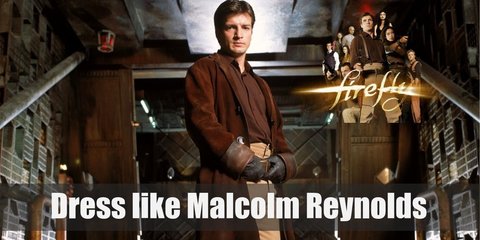 Malcolm Reynolds costume is a simple brown shirt on topped with a color-matching long trench coat, wears a high-waisted tan trousers, and brownish boots