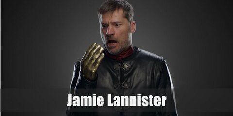 Jaime Lannister’s costume is a tan undergarment, tan pants, gold armor, white cloak, brown boots, and gold gloves.