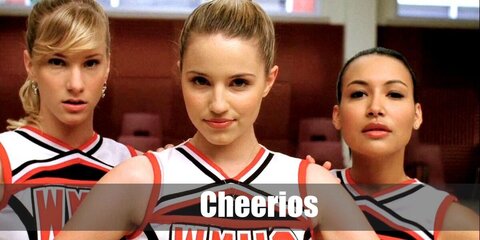 Cheerios’s costume is a white and red sleeveless school cheerleader top, a pleated red mini skirt, fancy white ankle socks, and white cheerleader shoes.