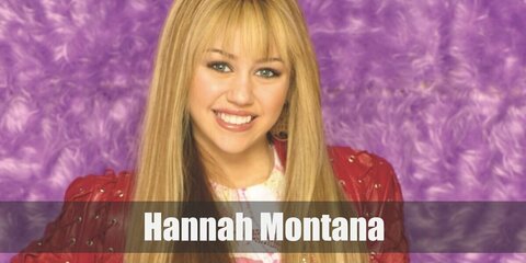 Hannah Montana’s costume is a red leather jacket, a gold-sequined top, denim jeans, and a blonde wig.