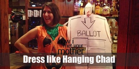 To make a hanging chad costume yourself all you will need is a large poster board, a black marker, scissors, and some string.