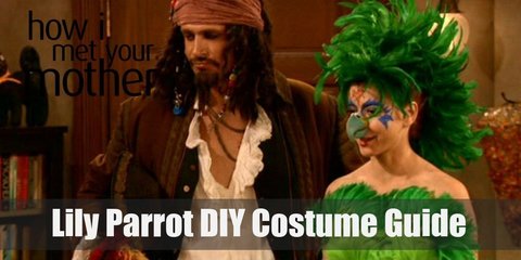 To make this crazy Lily Parrot costume yourself, all you need is a bunch of feathered boas, a tight green dress, purple tights, and a parrot headdress along with a couple extra accessories.