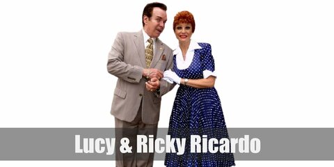  Ricky Ricardo costume is a white dress shirt, black blazer, black pants, a black bowtie, and a simple straw hat. Lucy`s costume features a cute vintage polka-dot dress with gloves and a pair of pumps.