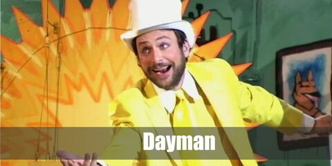 The Dayman costume features a yellow suit, pants, and white shoes. He also wears a white top hat while carrying a walking stick or staff.