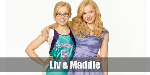 Liv wears a blue scale blouse, denim pants, sun glasses, a silver necklace, a yellow watch, and high heels. Maddie wears a school basketball uniform, glasses, a purple wristband, white socks, and basketball shoes. 