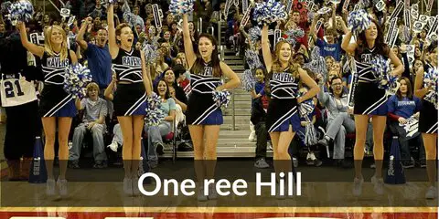 Recreate the  Tree Hill Raven cheerleader costume with a black tank top, skirt, white sneakers, and pompoms.