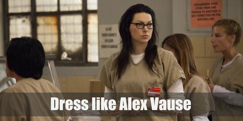 Alex Vause costume is a beige scrub set. She adds a little personality to it by wearing her sleeves rolled up to show her awesome tatts. She also likes putting on a pair of black rimmed glasses because Alex loves reading. 