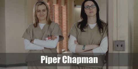 Piper Chapman costume is a grey shirt under the khaki scrub and has blonde hair.