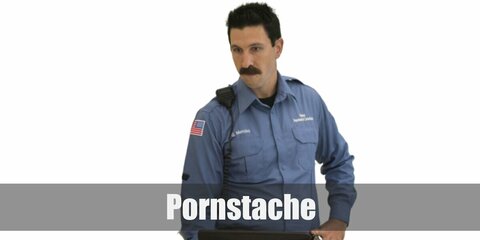 Pornstache’s costume is a black turtleneck top, a light blue button-down shirt, black pants, and a fake mustache.