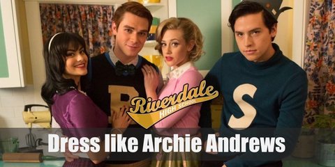 Archie Andrews costume a blue and yellow varsity jacket on top of a white, V-neck t-shirt. Blue jeans and lace-up, fashion sneakers.