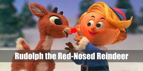 Rudolph the Red-Nosed Reindeer's costume features a brown onesie or a set of furry sweaters, pants, and a red nose prop.