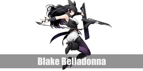  Blake Belladonna is cool, calm, and reserved. She is a Huntress and is part of Team Ruby. Blake wears a black and white outfit consisting of a black cropped tank top, black pants, black boots, and a white trench coat.