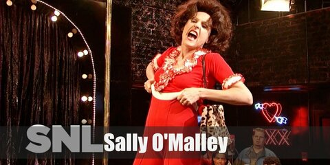 Sally O'Malley costume is a matching red top and pants styled with a curly hair and leopard-print shoulder bag.
