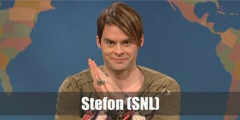  Stefon’s costume is Ed Hardy shirts, multiple rings on his finger, and his iconic asymmetrical haircut.