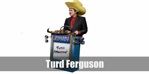  Turd Ferguson’s costume is a red dress shirt under a black blazer, a bolo tie, and a yellow oversized cowboy hat.