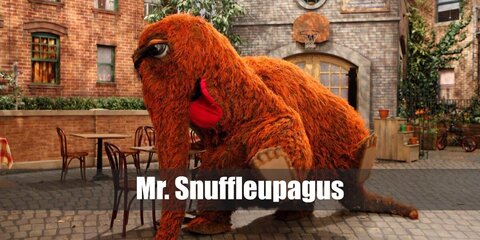  Mr. Snuffleupagus’s costume is a brown fleece onesie, fuzzy fleece brown slippers, long fuzzy brown socks, giant wiggle eyes with several streaks of black yarn, and a brown elephant nose.