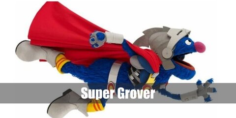  Super Grover’s costume is a blue sweatshirt, blue joggers, a blue beanie, a knight helmet, and a red cape.