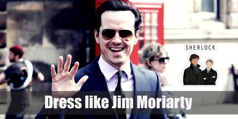 the fan favorite Jim Moriarty costume is his signature navy-blue, slim-fit suit composed of a two-button jacket and tampered pants