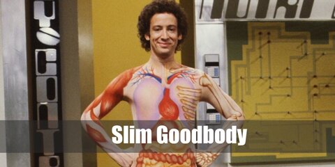 Slim Goodbody costume is a bodysuit printed with internal organs and body parts.
