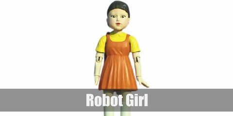  Robot Girl’s costume is a yellow shirt underneath an orange dress, white knee-high socks, black Mary Janes, and purple hair ties on pig-tailed hair.