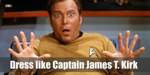  Captain Kirk is known for his Starfleet uniform. He wears a gold, long-sleeved Starfleet top paired with black pants and black boots. He has a gold Starfleet pin and carries a Phaser gun and Communicator on his person. 